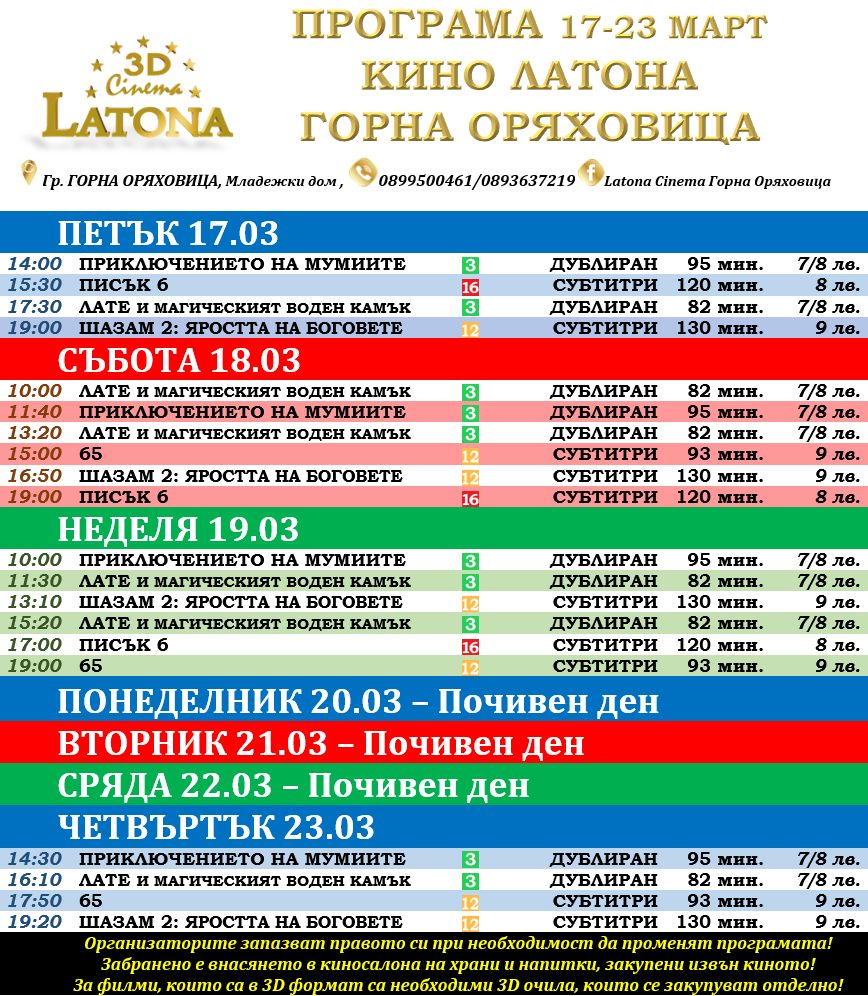 Latona Cinema Горна Оряховица: Кино програма за периода 17-23 март 2023
