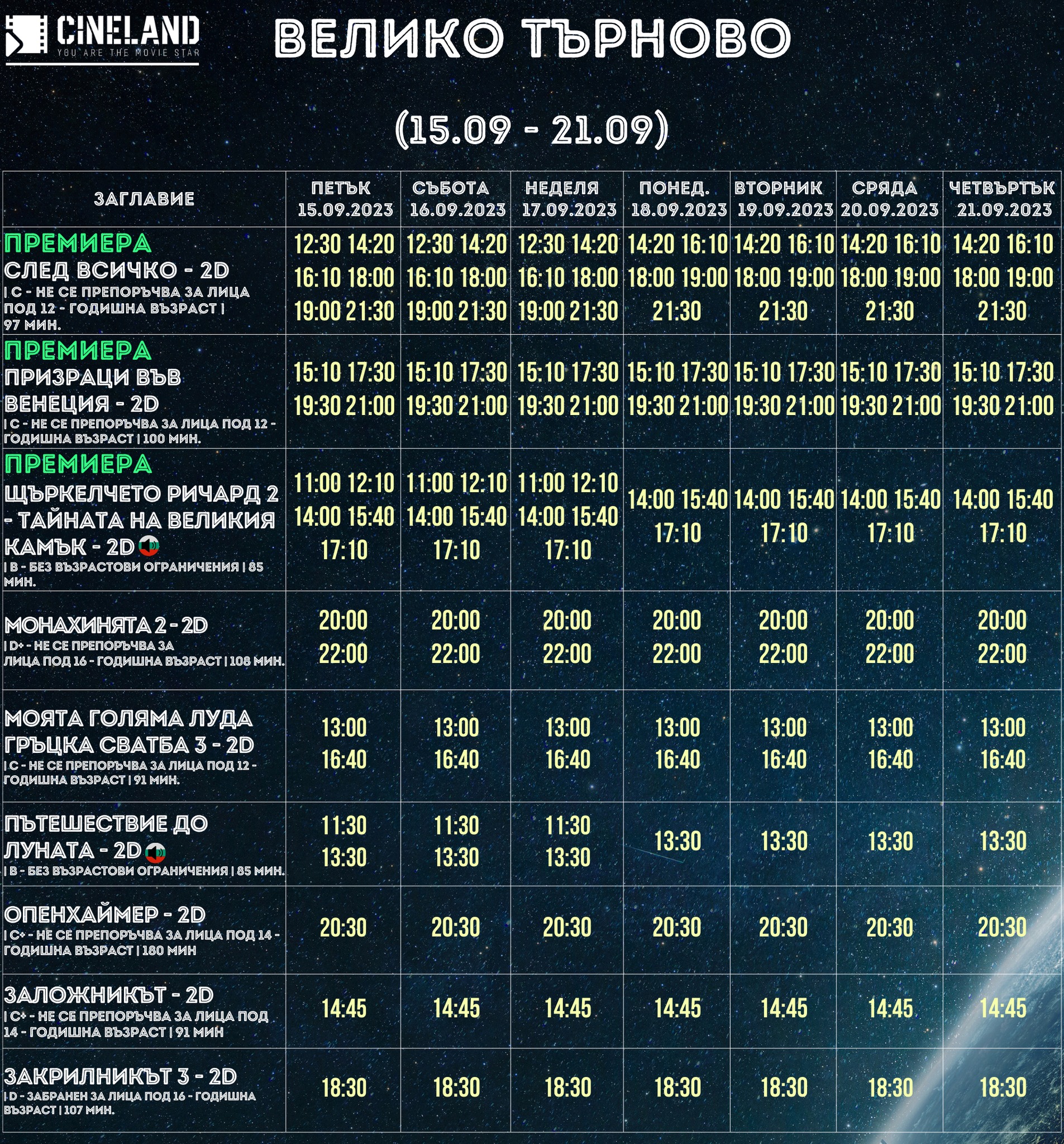 CineLand Велико Търново: Кино програма за периода от 15-21 септември 2023