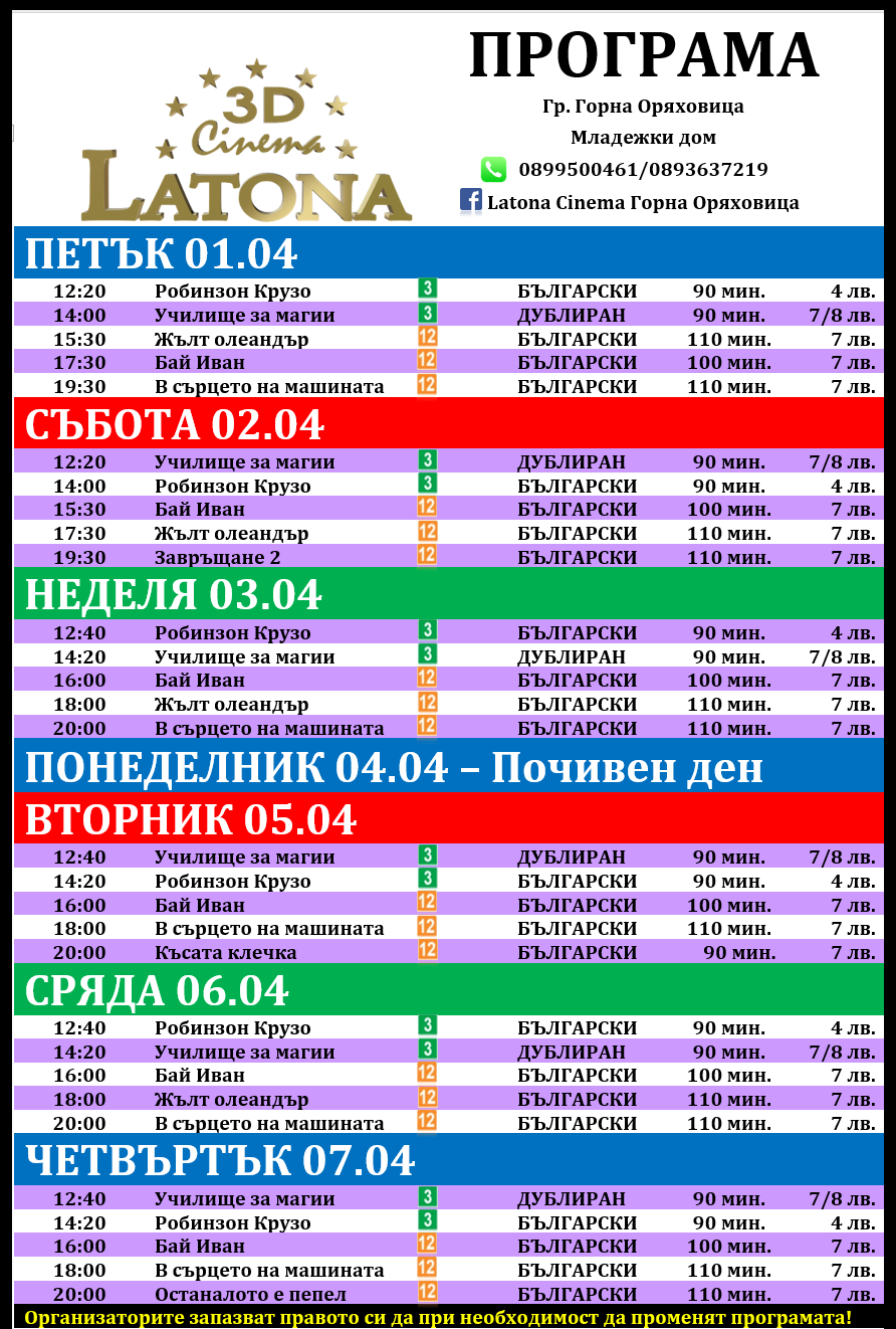 Latona Cinema Горна Оряховица: Кино програма - 01-07 април 2022
