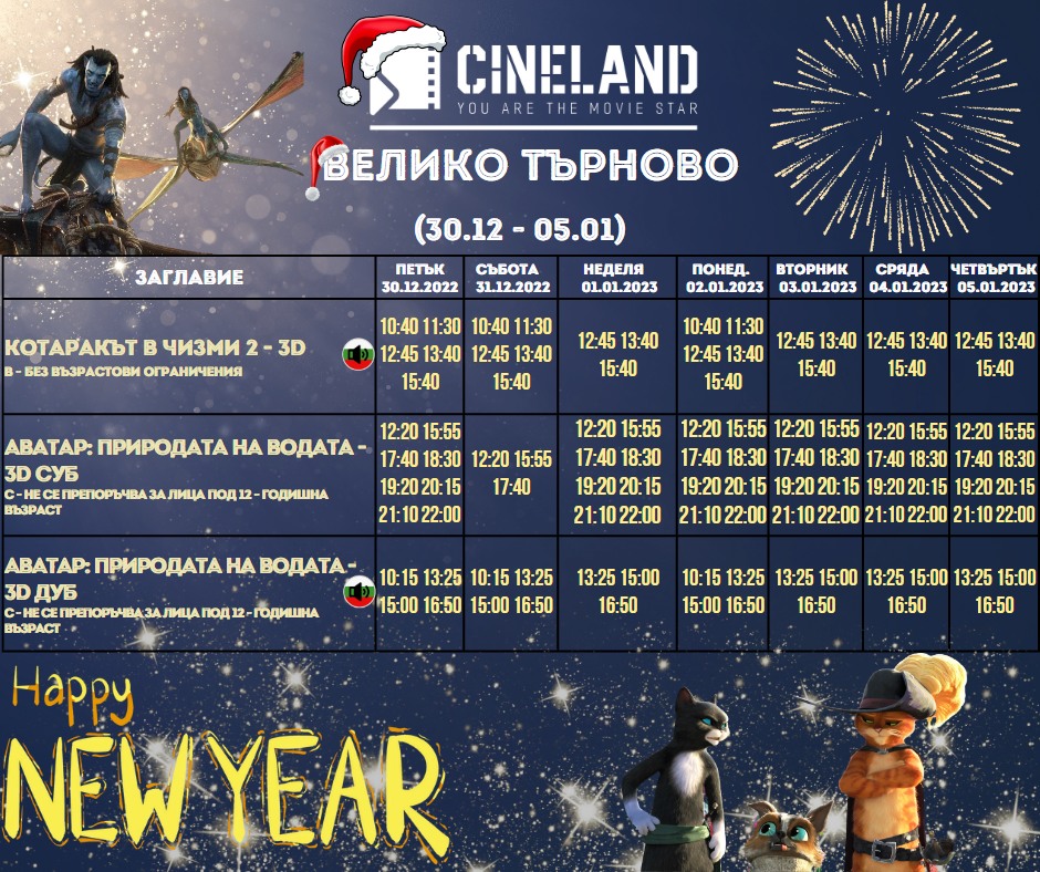 CineLand Велико Търново: Кино програма - 30.12.2022 - 05.01.2023