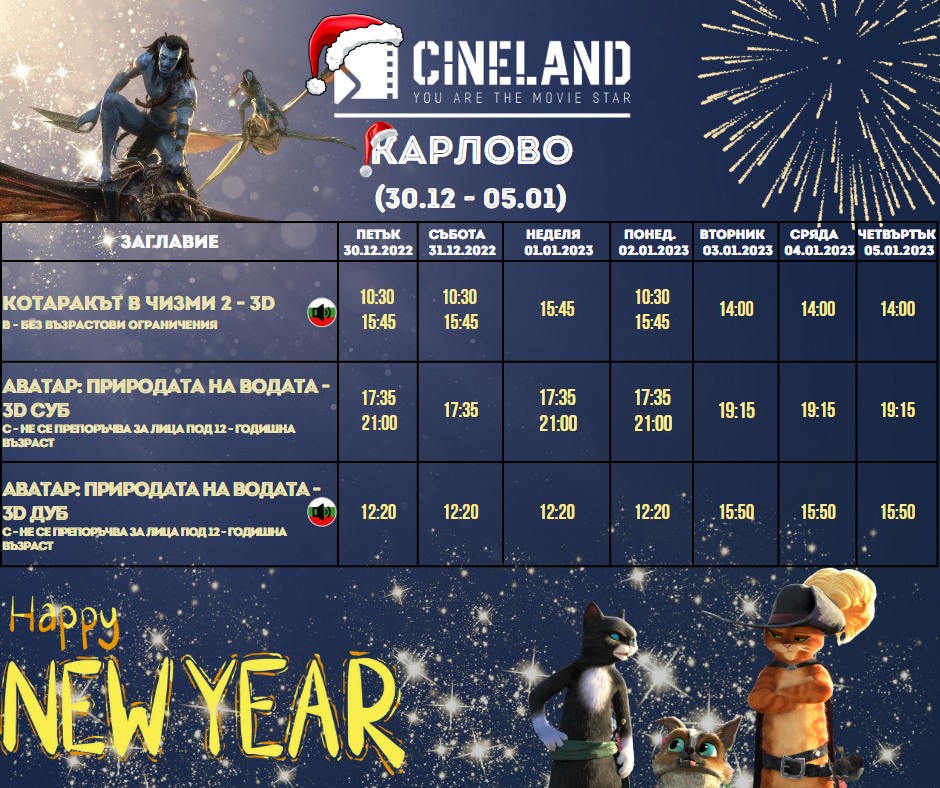 CineLand Карлово: Кино програма - 30.12.2022 - 05.01.2023