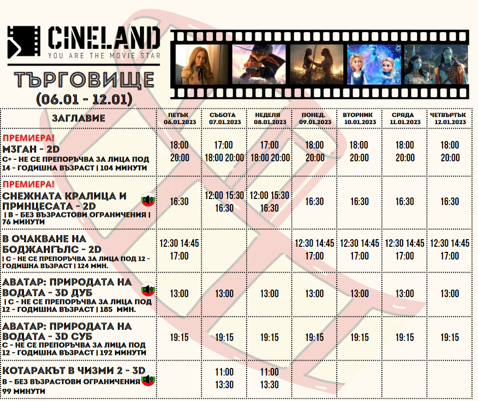 CineLand Търговище: Кино програма - 06-12 януари 2023