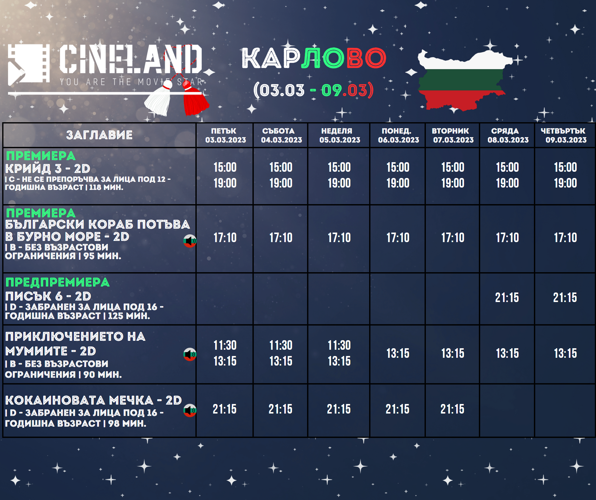 CineLand Карлово: Кино програма за периода 03-09 март 2023