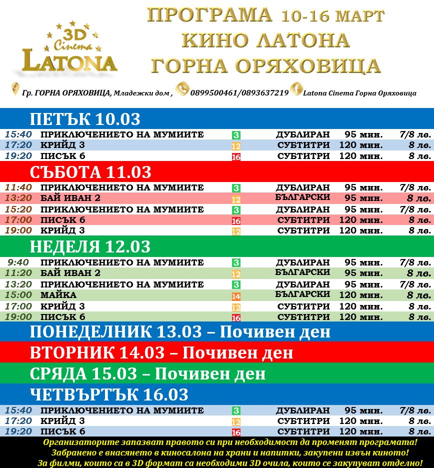Latona Cinema Горна Оряховица: Кино програма за периода 10-16 март 2023