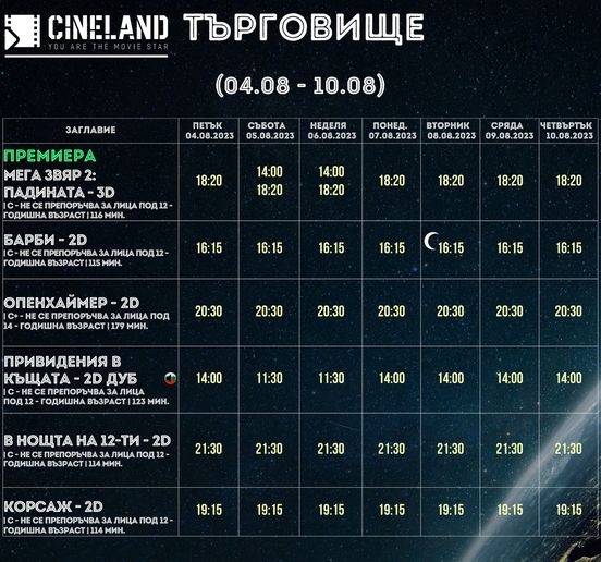 CineLand Търговище: Кино програма за периода от 04-10.08.2023г