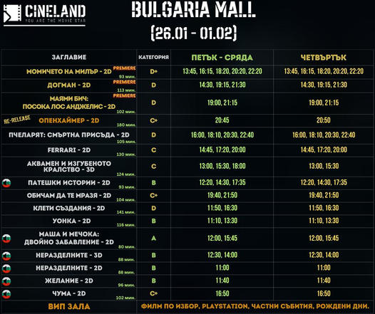 Cineland Bulgaria Mall:      26.01 - 01.02 2024