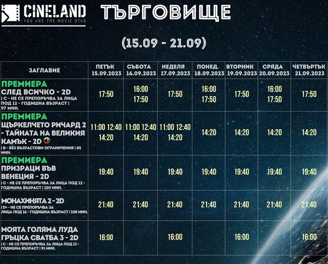 CineLand Търговище: Кино програма за периода от 15-21 септември 2023